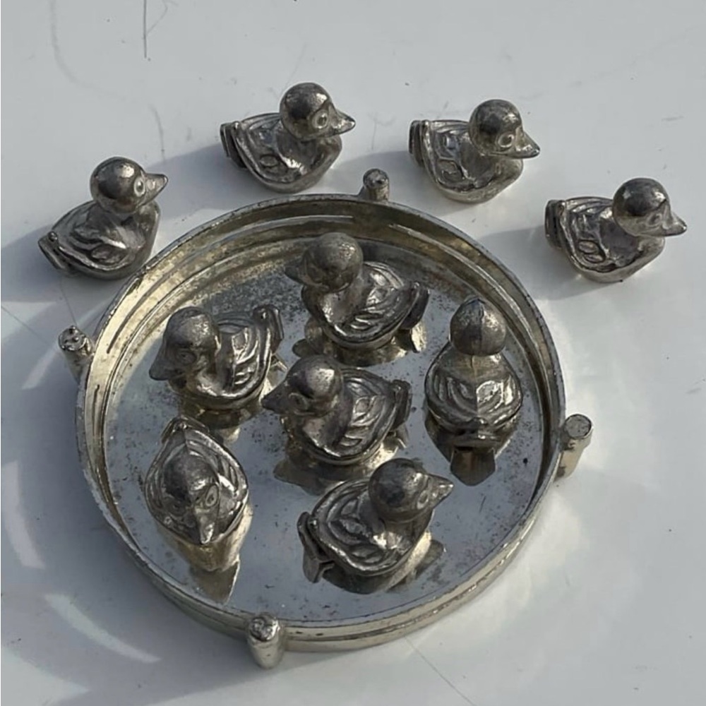 Vintage “Godnger” Silver Duck Pond With 10 Silver Baby Ducks 3” Diameter.